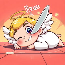 A cartoon-style illustration of a fictional character resembling an angel, named Reece, lying on the floor with a playful, exaggerated expression