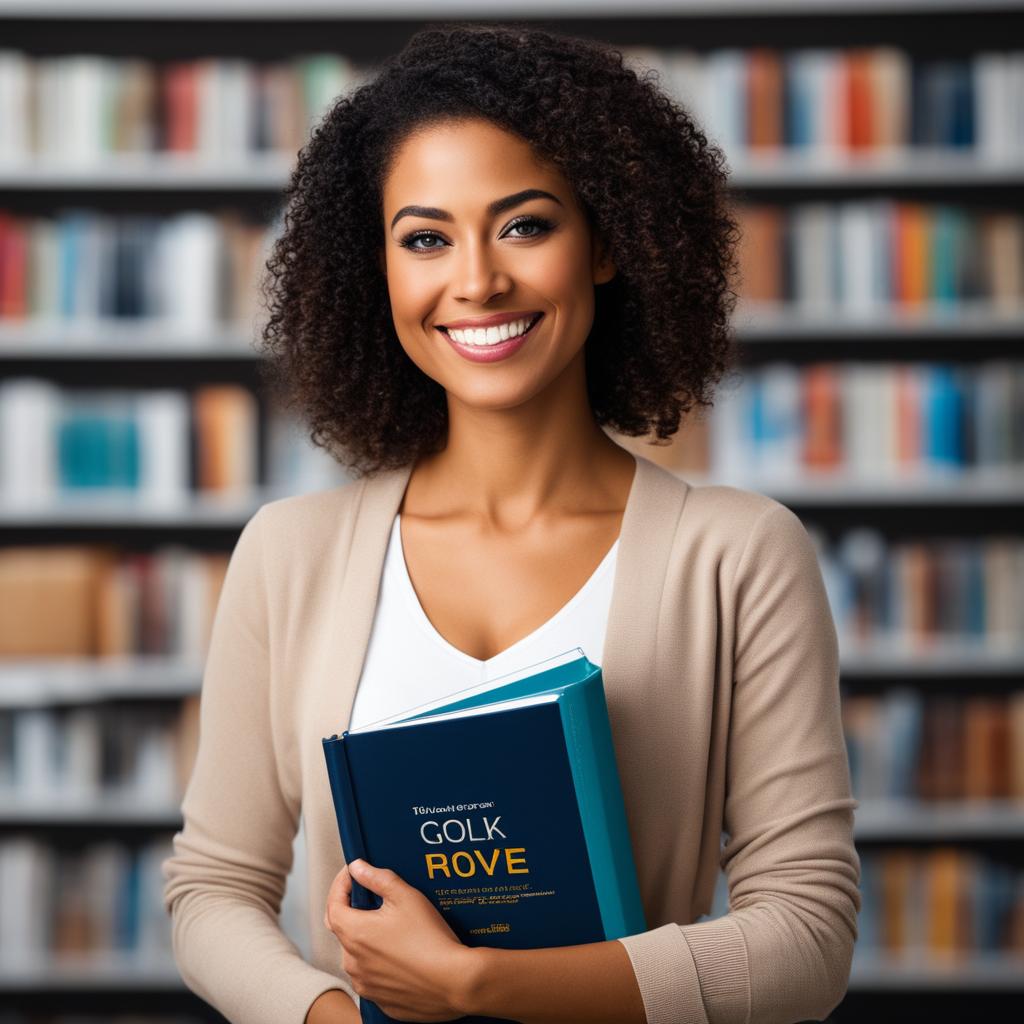 Ultra HD photograph of a smiling woman in casual attire holding a well-loved textbook.