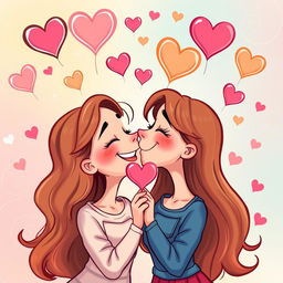 A vibrant and playful cartoon depiction of two women romantically kissing, surrounded by colorful hearts floating around them