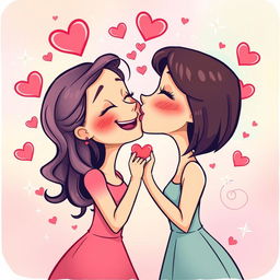 A vibrant and playful cartoon depiction of two women romantically kissing, surrounded by colorful hearts floating around them