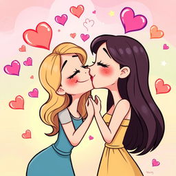 A vibrant and playful cartoon depiction of two women romantically kissing, surrounded by colorful hearts floating around them