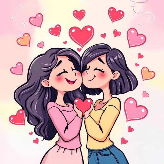 A vibrant and playful cartoon depiction of two women romantically kissing, surrounded by colorful hearts floating around them