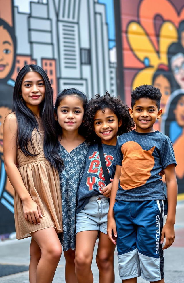 Three siblings standing together in a vibrant New York City setting