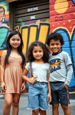 Three siblings standing together in a vibrant New York City setting