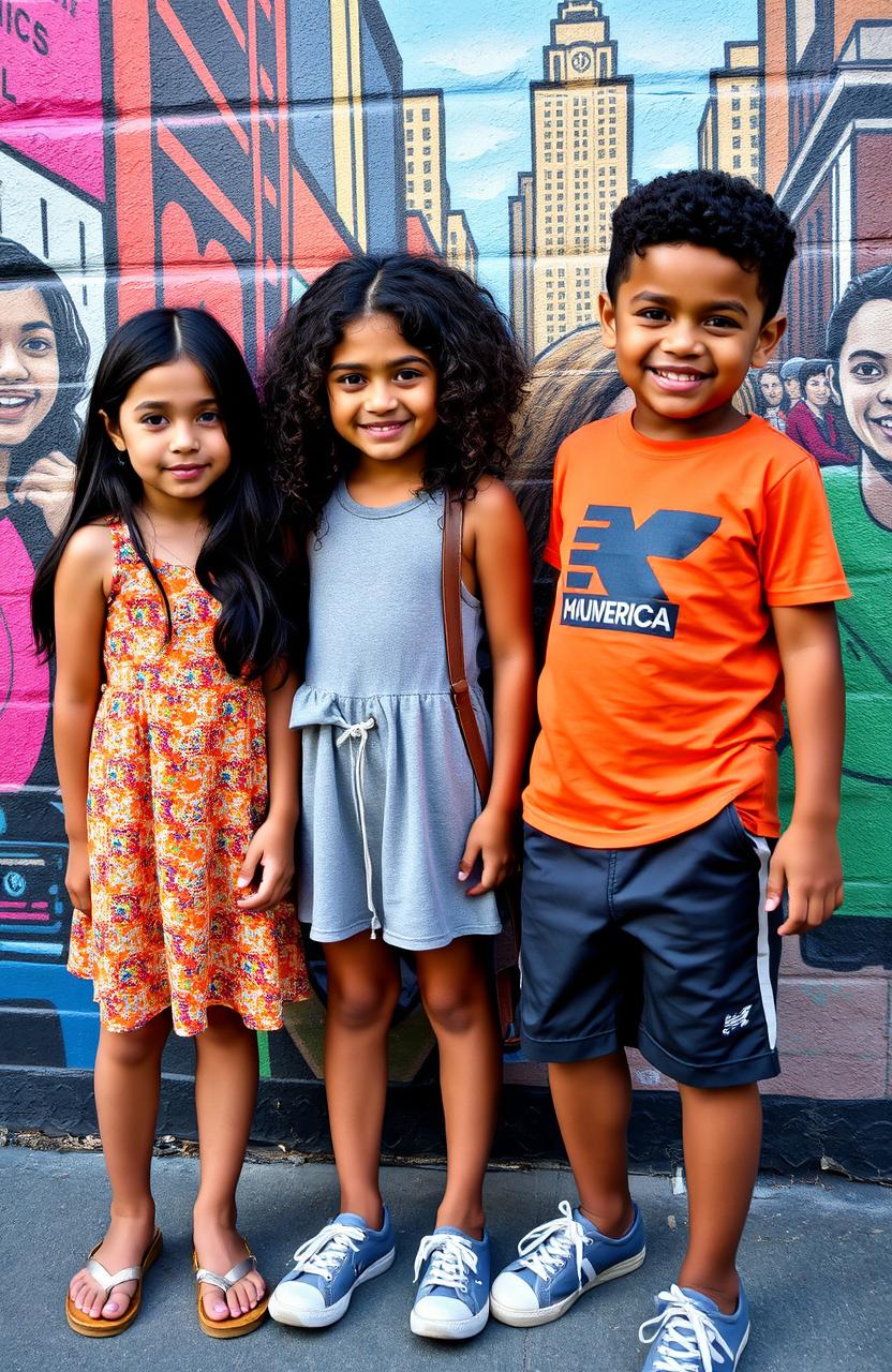 Three siblings standing together in a vibrant New York City setting