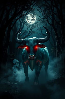 A dramatic scene depicting the legendary Jamaican ghost bull, known as the Rolling Calf