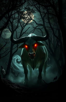 A dramatic scene depicting the legendary Jamaican ghost bull, known as the Rolling Calf