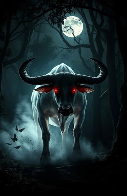 A dramatic scene depicting the legendary Jamaican ghost bull, known as the Rolling Calf