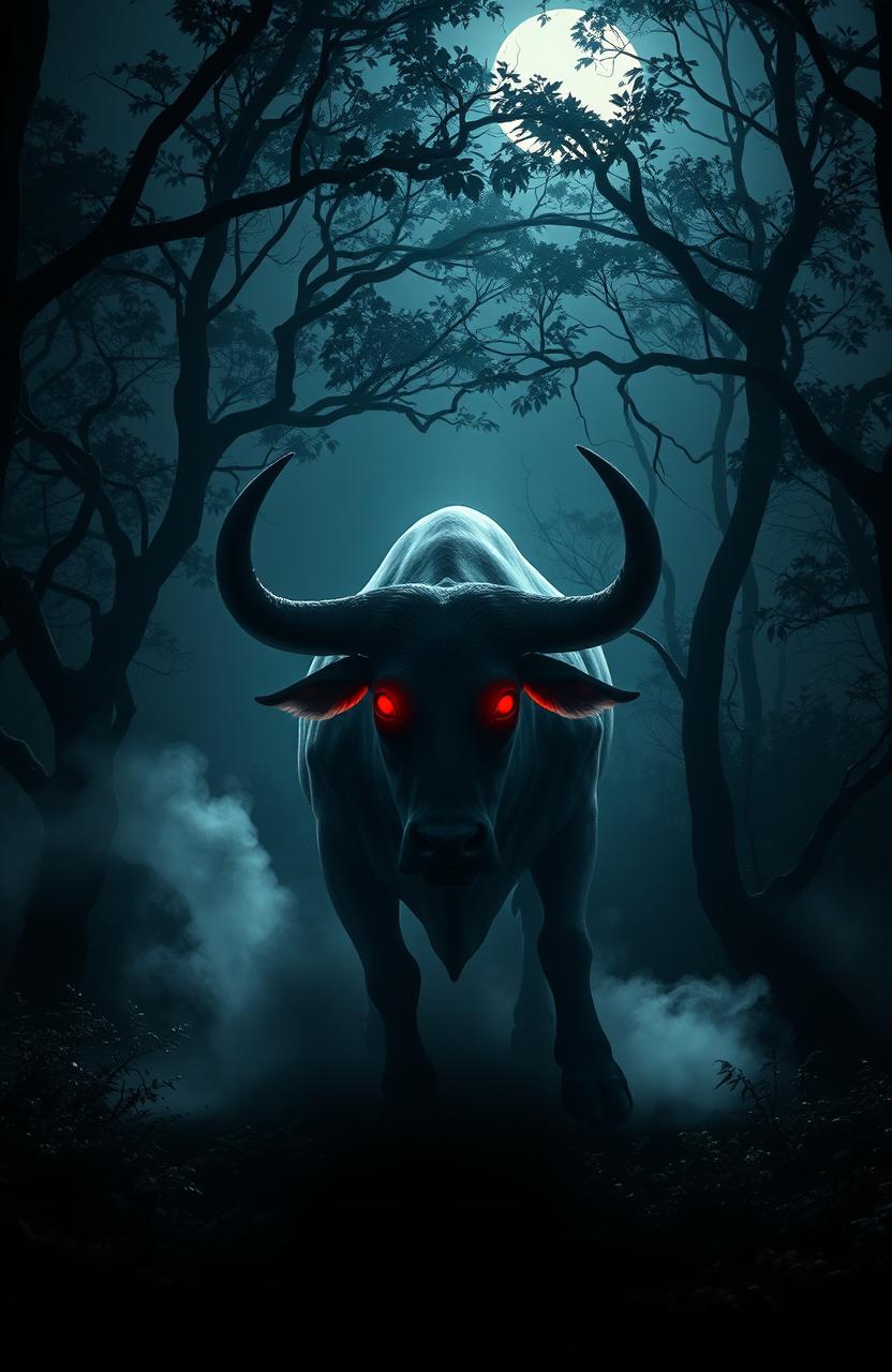 A dramatic scene depicting the legendary Jamaican ghost bull, known as the Rolling Calf