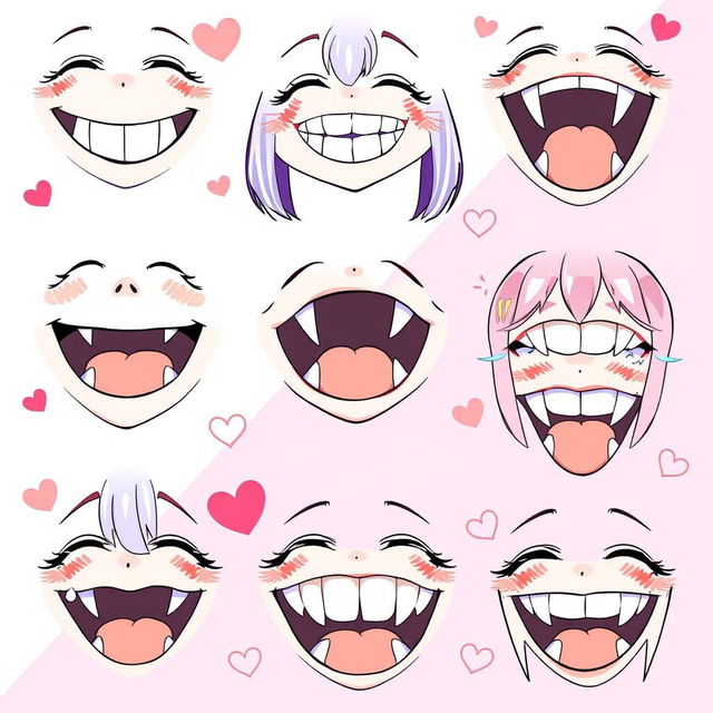 A vibrant and detailed illustration showcasing various types of anime girl mouths, featuring both normal and fang-like styles