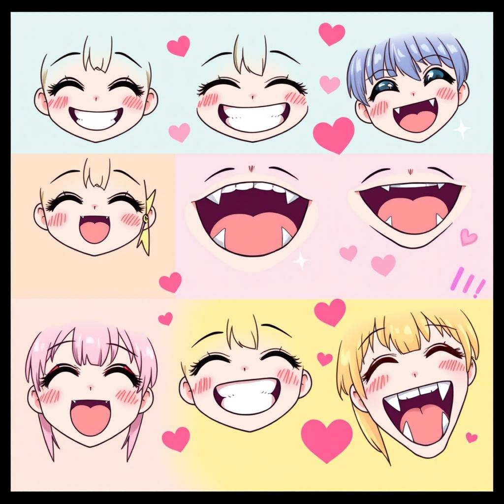 A vibrant and detailed illustration showcasing various types of anime girl mouths, featuring both normal and fang-like styles