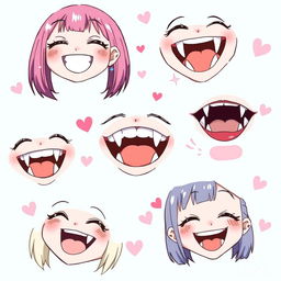 A vibrant and detailed illustration showcasing various types of anime girl mouths, featuring both normal and fang-like styles