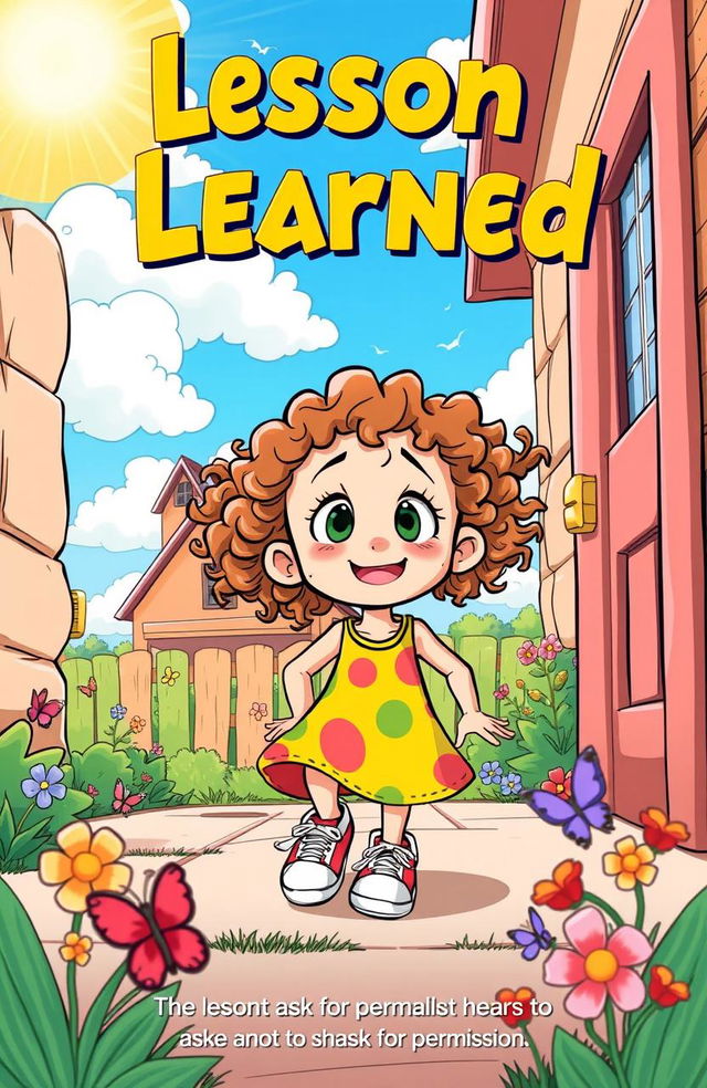 A vibrant and engaging comic cover titled 'Lesson Learned', showcasing a young girl with curly hair and bright, wide eyes, looking adventurous