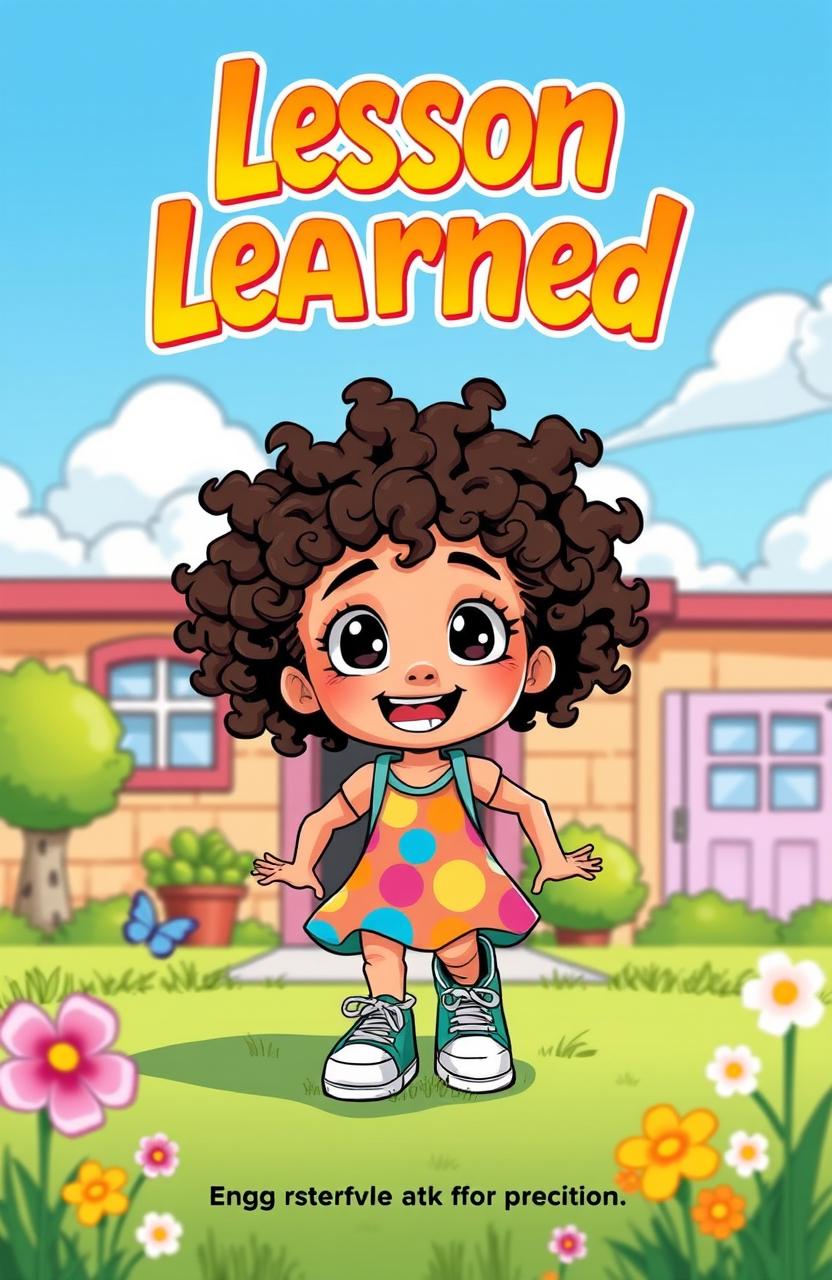 A vibrant and engaging comic cover titled 'Lesson Learned', showcasing a young girl with curly hair and bright, wide eyes, looking adventurous