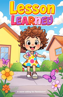 A vibrant and engaging comic cover titled 'Lesson Learned', showcasing a young girl with curly hair and bright, wide eyes, looking adventurous