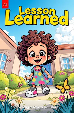 A vibrant and engaging comic cover titled 'Lesson Learned', showcasing a young girl with curly hair and bright, wide eyes, looking adventurous
