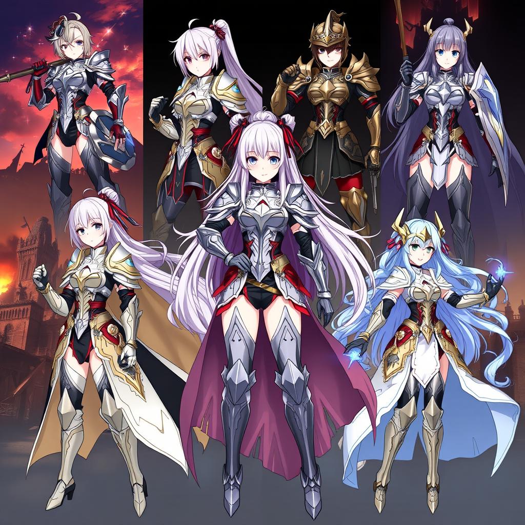 A dynamic and detailed illustration showcasing various types of anime girl armor, highlighting unique designs and styles that reflect different themes and personalities