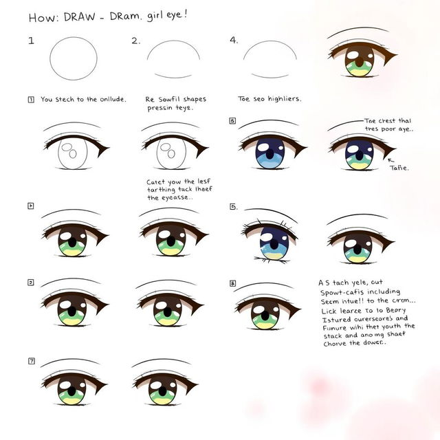 A step-by-step illustrated guide on how to draw an anime girl eye, featuring clear instructions and diagrams