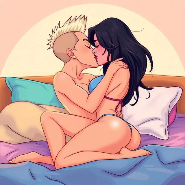 A vibrant cartoon illustration featuring two sexy women passionately kissing on a bed