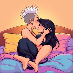 A vibrant cartoon illustration featuring two sexy women passionately kissing on a bed