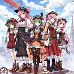 A captivating illustration featuring a variety of anime girls dressed in exquisite steampunk outfits