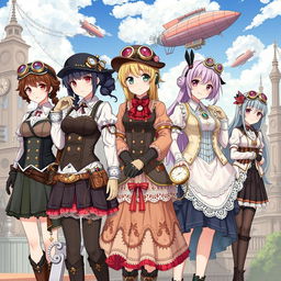 A captivating illustration featuring a variety of anime girls dressed in exquisite steampunk outfits