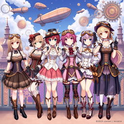 A captivating illustration featuring a variety of anime girls dressed in exquisite steampunk outfits