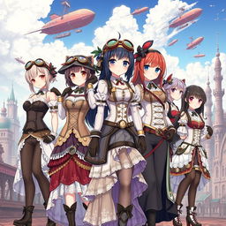 A captivating illustration featuring a variety of anime girls dressed in exquisite steampunk outfits