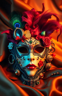 A whimsical and artistic masquerade mask representing the seven deadly sins: Pride depicted with a peacock feather and a mirror, Greed illustrated with gold coins and dollar signs, Lust adorned with sensual red ribbons and roses, Envy featuring green gemstones and a serpent, Gluttony surrounded by sweets and food, Wrath with fiery colors and sharp edges, and Sloth represented by soft textures and lazy motifs