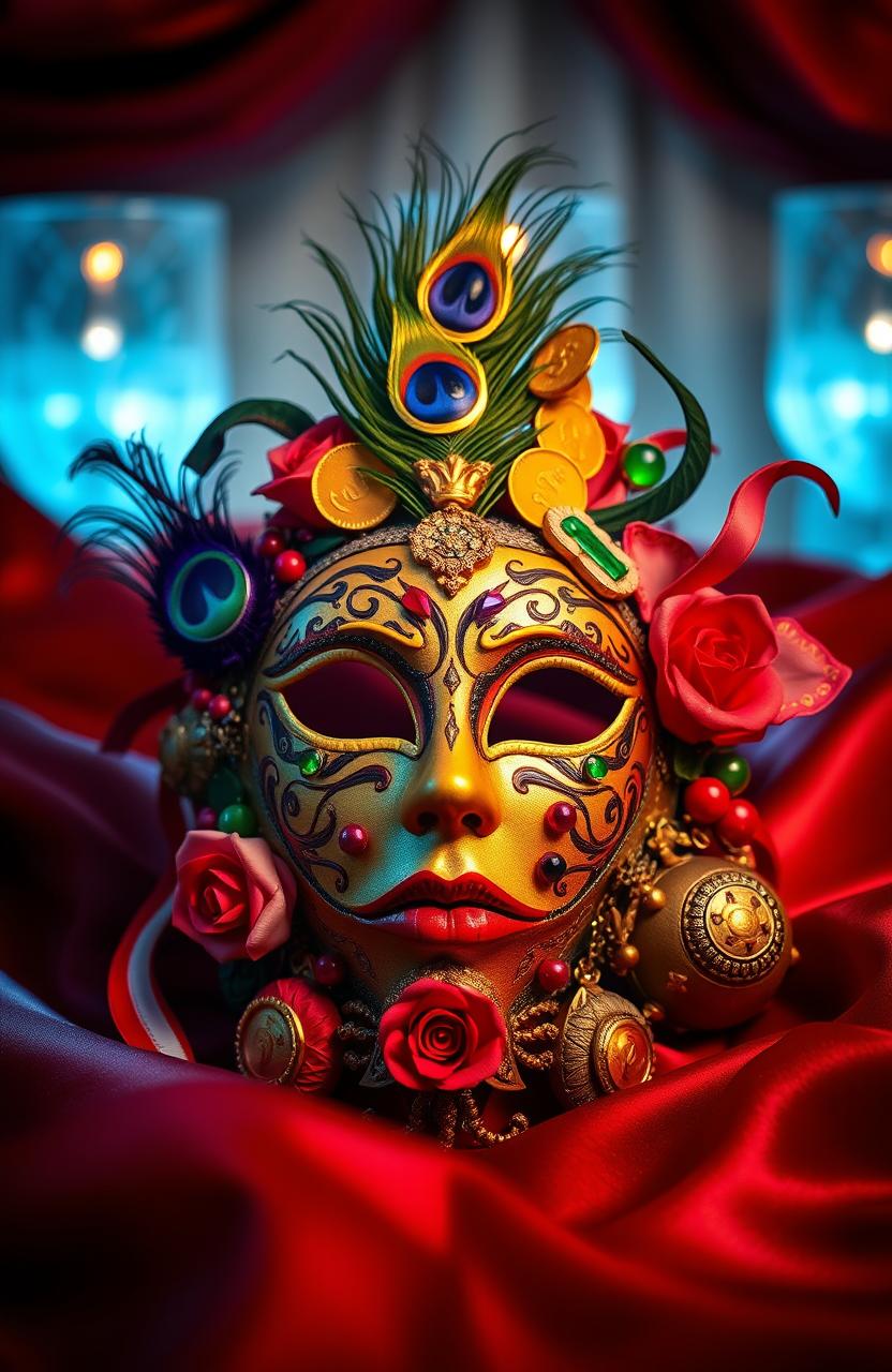 A whimsical and artistic masquerade mask representing the seven deadly sins: Pride depicted with a peacock feather and a mirror, Greed illustrated with gold coins and dollar signs, Lust adorned with sensual red ribbons and roses, Envy featuring green gemstones and a serpent, Gluttony surrounded by sweets and food, Wrath with fiery colors and sharp edges, and Sloth represented by soft textures and lazy motifs