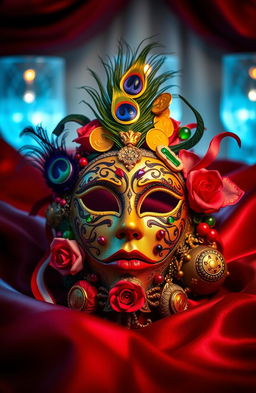 A whimsical and artistic masquerade mask representing the seven deadly sins: Pride depicted with a peacock feather and a mirror, Greed illustrated with gold coins and dollar signs, Lust adorned with sensual red ribbons and roses, Envy featuring green gemstones and a serpent, Gluttony surrounded by sweets and food, Wrath with fiery colors and sharp edges, and Sloth represented by soft textures and lazy motifs