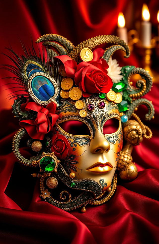 A whimsical and artistic masquerade mask representing the seven deadly sins: Pride depicted with a peacock feather and a mirror, Greed illustrated with gold coins and dollar signs, Lust adorned with sensual red ribbons and roses, Envy featuring green gemstones and a serpent, Gluttony surrounded by sweets and food, Wrath with fiery colors and sharp edges, and Sloth represented by soft textures and lazy motifs