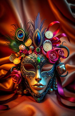 A whimsical and artistic masquerade mask representing the seven deadly sins: Pride depicted with a peacock feather and a mirror, Greed illustrated with gold coins and dollar signs, Lust adorned with sensual red ribbons and roses, Envy featuring green gemstones and a serpent, Gluttony surrounded by sweets and food, Wrath with fiery colors and sharp edges, and Sloth represented by soft textures and lazy motifs