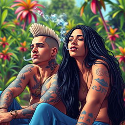 A vibrant, artistic representation of two individuals in a lively, colorful setting