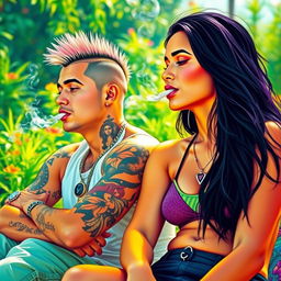 A vibrant, artistic representation of two individuals in a lively, colorful setting