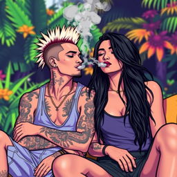 A vibrant, artistic representation of two individuals in a lively, colorful setting
