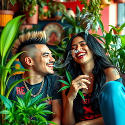 A vibrant and colorful scene depicting two individuals enjoying themselves in a relaxed atmosphere
