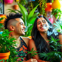 A vibrant and colorful scene depicting two individuals enjoying themselves in a relaxed atmosphere