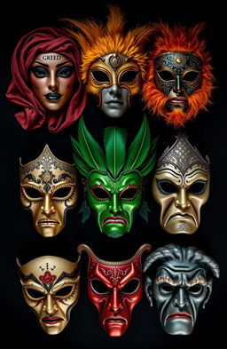 A collection of seven distinct and beautifully crafted masks representing the seven deadly sins