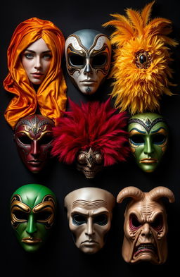 A collection of seven distinct and beautifully crafted masks representing the seven deadly sins