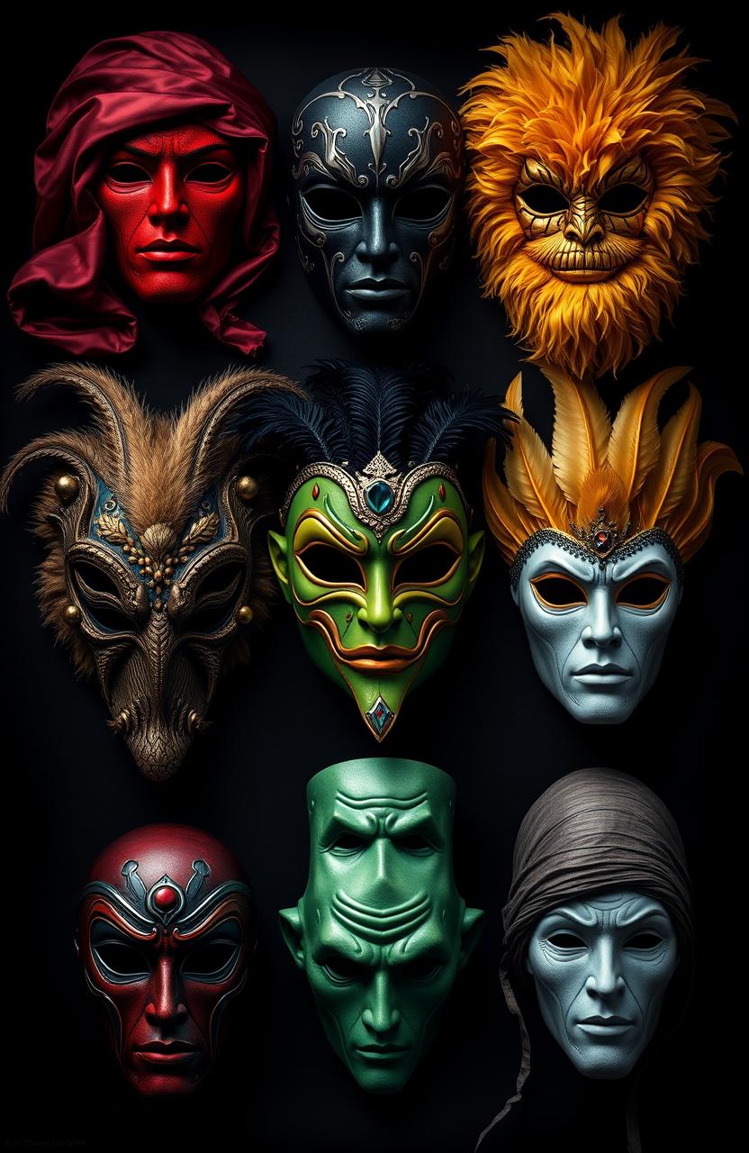 A collection of seven distinct and beautifully crafted masks representing the seven deadly sins