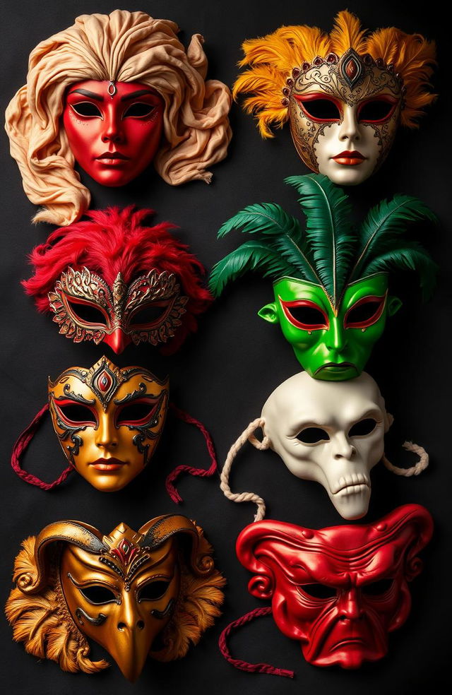 A collection of seven distinct and beautifully crafted masks representing the seven deadly sins