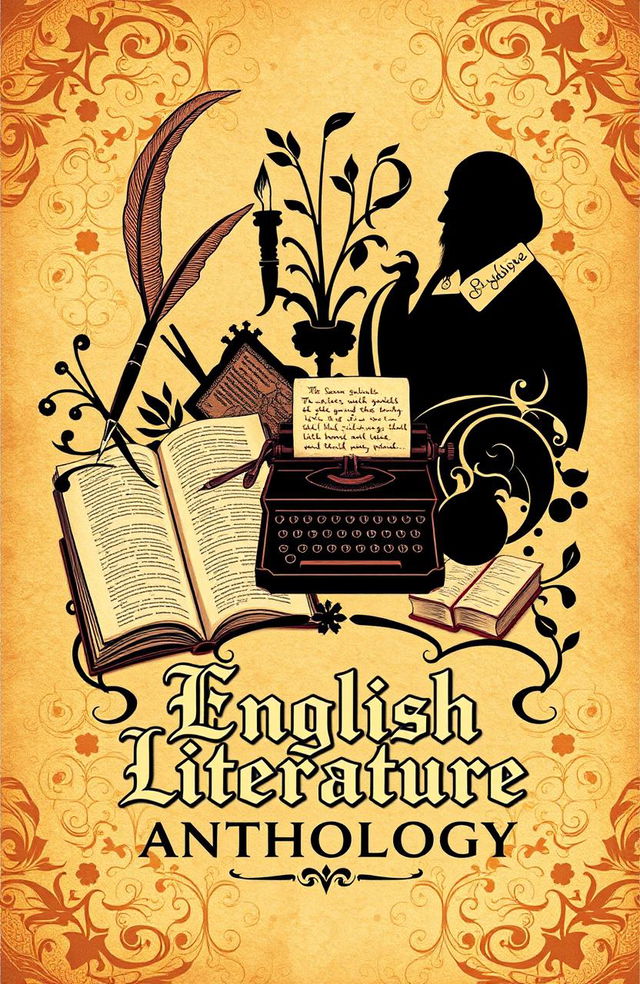 An elegantly designed book cover for a classic English literature anthology, showcasing a collage of iconic symbols representing famous works, such as a quill pen, an open book, a vintage typewriter, and a silhouette of a Shakespearean character