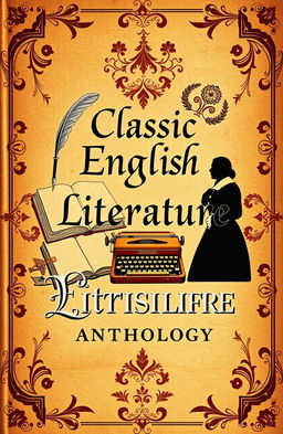 An elegantly designed book cover for a classic English literature anthology, showcasing a collage of iconic symbols representing famous works, such as a quill pen, an open book, a vintage typewriter, and a silhouette of a Shakespearean character