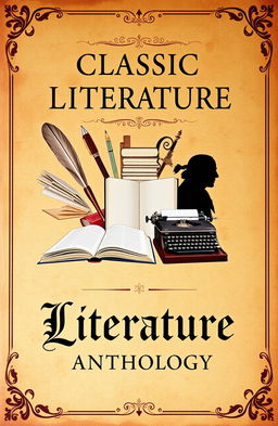 An elegantly designed book cover for a classic English literature anthology, showcasing a collage of iconic symbols representing famous works, such as a quill pen, an open book, a vintage typewriter, and a silhouette of a Shakespearean character