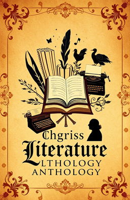 An elegantly designed book cover for a classic English literature anthology, showcasing a collage of iconic symbols representing famous works, such as a quill pen, an open book, a vintage typewriter, and a silhouette of a Shakespearean character