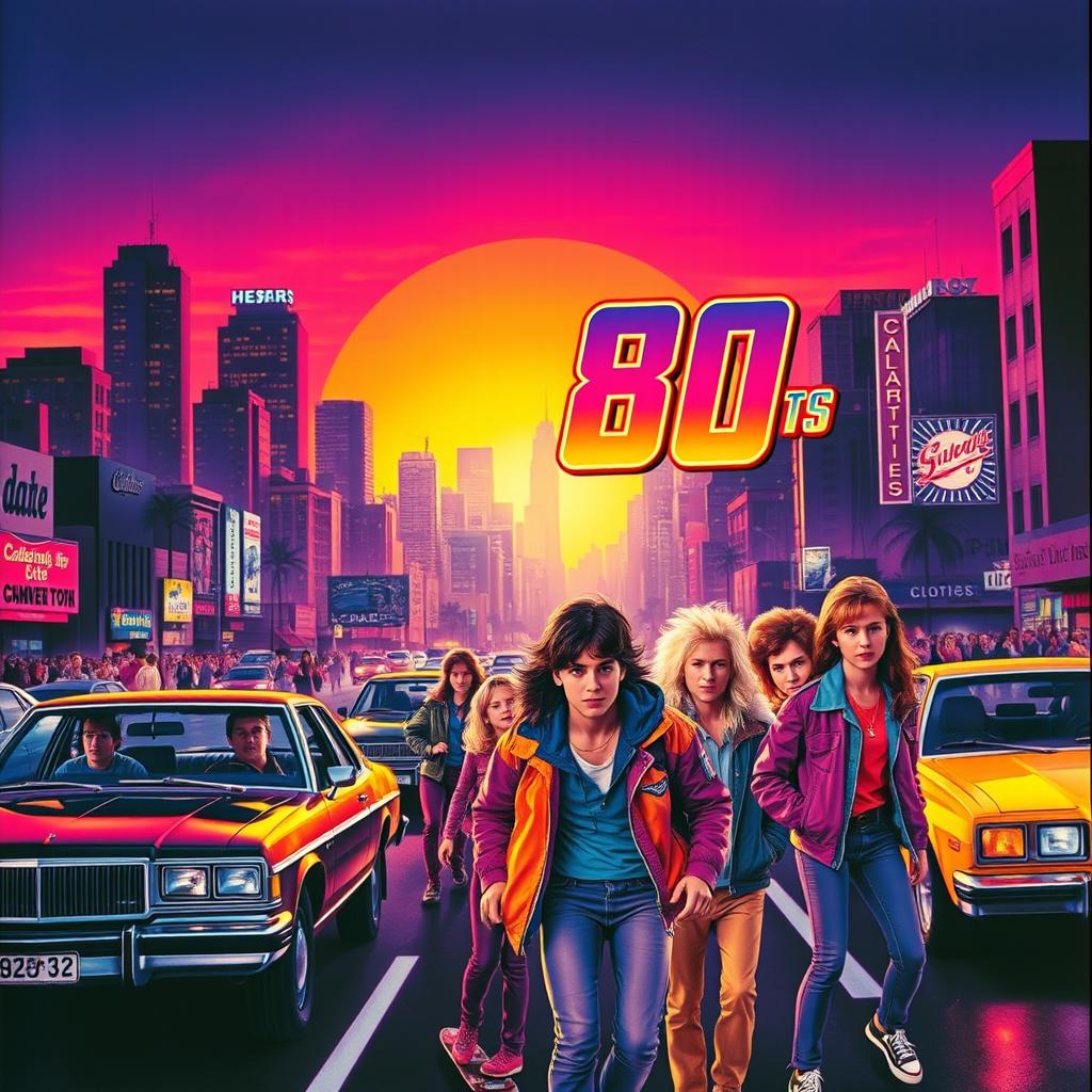 A vibrant 1980s movie poster featuring a dynamic city skyline at sunset with neon lights