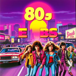 A vibrant 1980s movie poster featuring a dynamic city skyline at sunset with neon lights