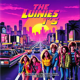 A vibrant 1980s movie poster featuring a dynamic city skyline at sunset with neon lights