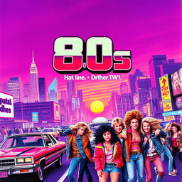 A vibrant 1980s movie poster featuring a dynamic city skyline at sunset with neon lights